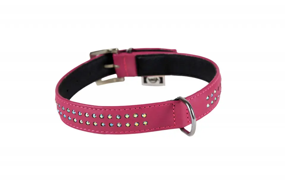 Zgarda din piele, roz, cu strass multicolore, 4,7 cm x 2,2 cm