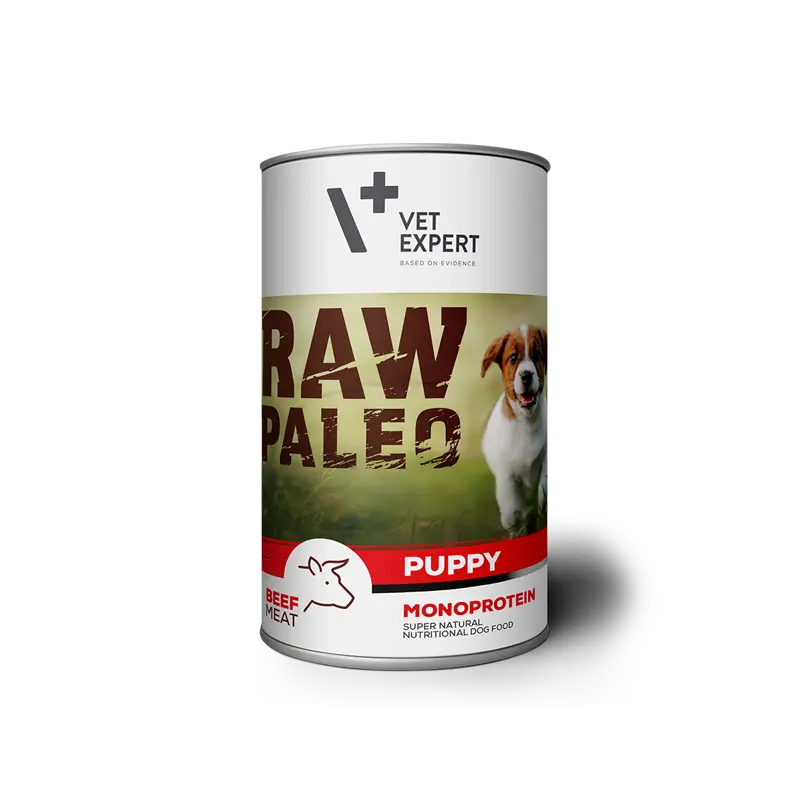 Hrana umeda pentru caini RAW PALEO Puppy, conserva monoproteica, carne de vita,Set 5 X 400 g