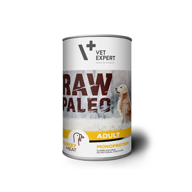 Hrana umeda pentru caini, RAW PALEO, adult, carne de curcan, conserva monoproteica, Set 5 X 400 g