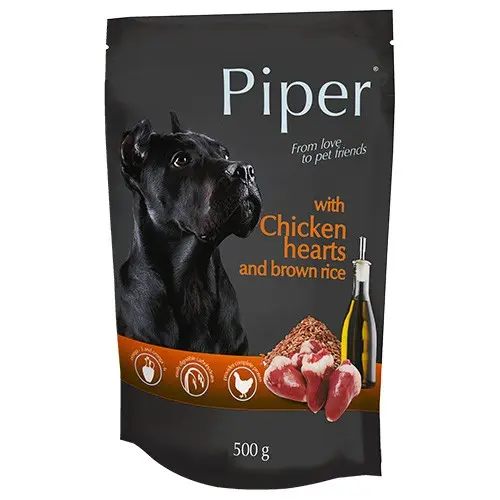 Hrana umeda pentru caini Piper Adult, Inimi de pui si Orez brun, set 5 X 500 g