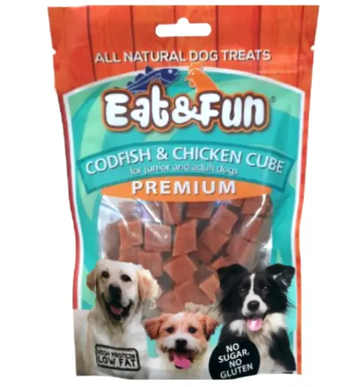 Eat&Fun Recompense Caini Cod Si Pui Cuburi 100 g