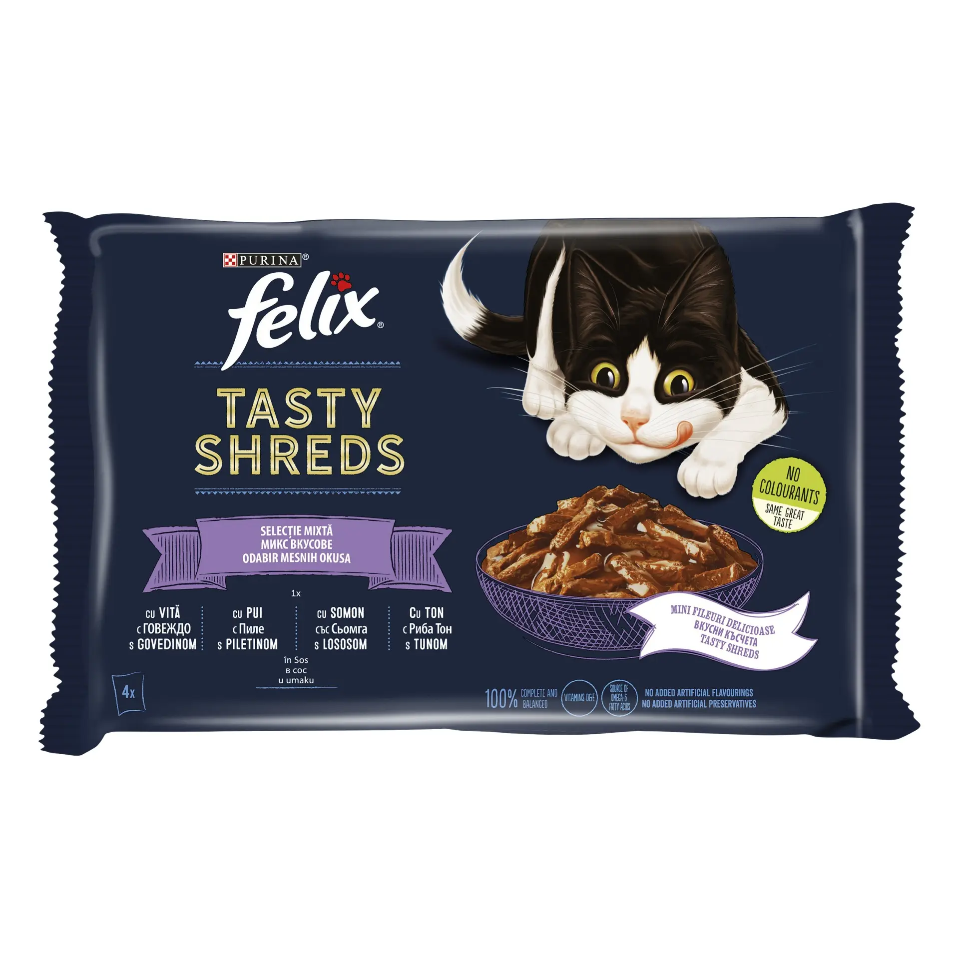 Felix Tasty Shreds Plic Selectie Mixta Vita/Pui/Somon/Ton 4x80 g
