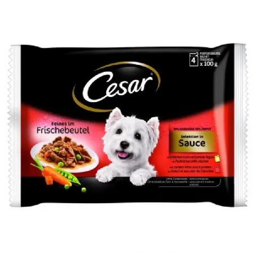Cesar, plic hrana umeda, selectii in sos, 4 x 100 gr