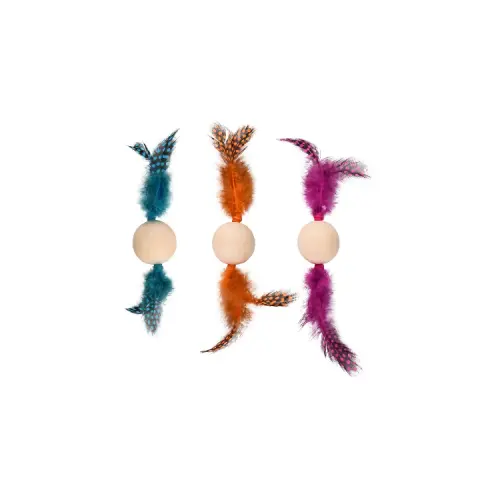 Jucarie pentru pisici, minge de lemn cu pene