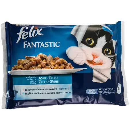 Felix Fantastic Adult, hrana umeda pentru pisici, Somon si platica, 4x85 gr