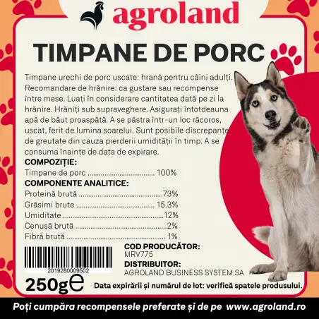 Recompense pentru caine, timpane de porc, 250 g