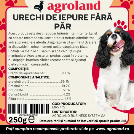 Recompense pentru caine, urechi de iepure fara par, 250 g