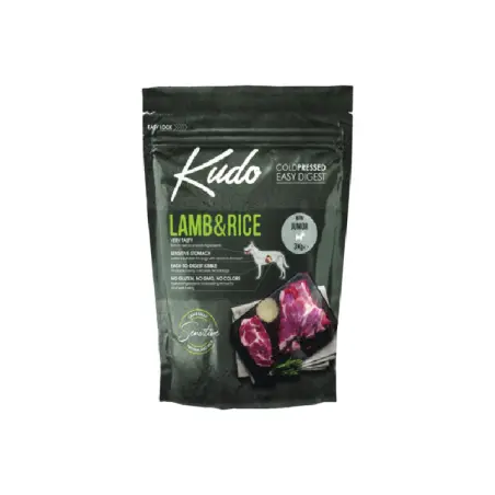 Kudo Junior Mediu-Maxi, hrana uscata pentru caini, presata la rece, miel si orez, 3kg