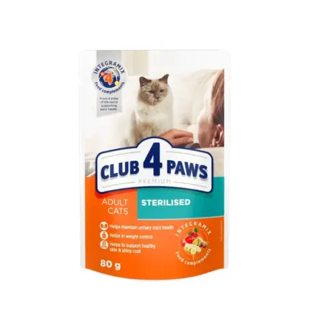 CLUB 4 PAWS PREMIUM, plic hrana umeda pisici sterilizate, pui, 80 gr