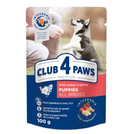 CLUB 4 PAWS PREMIUM, plic hrana umeda caini, curcan, 100 gr
