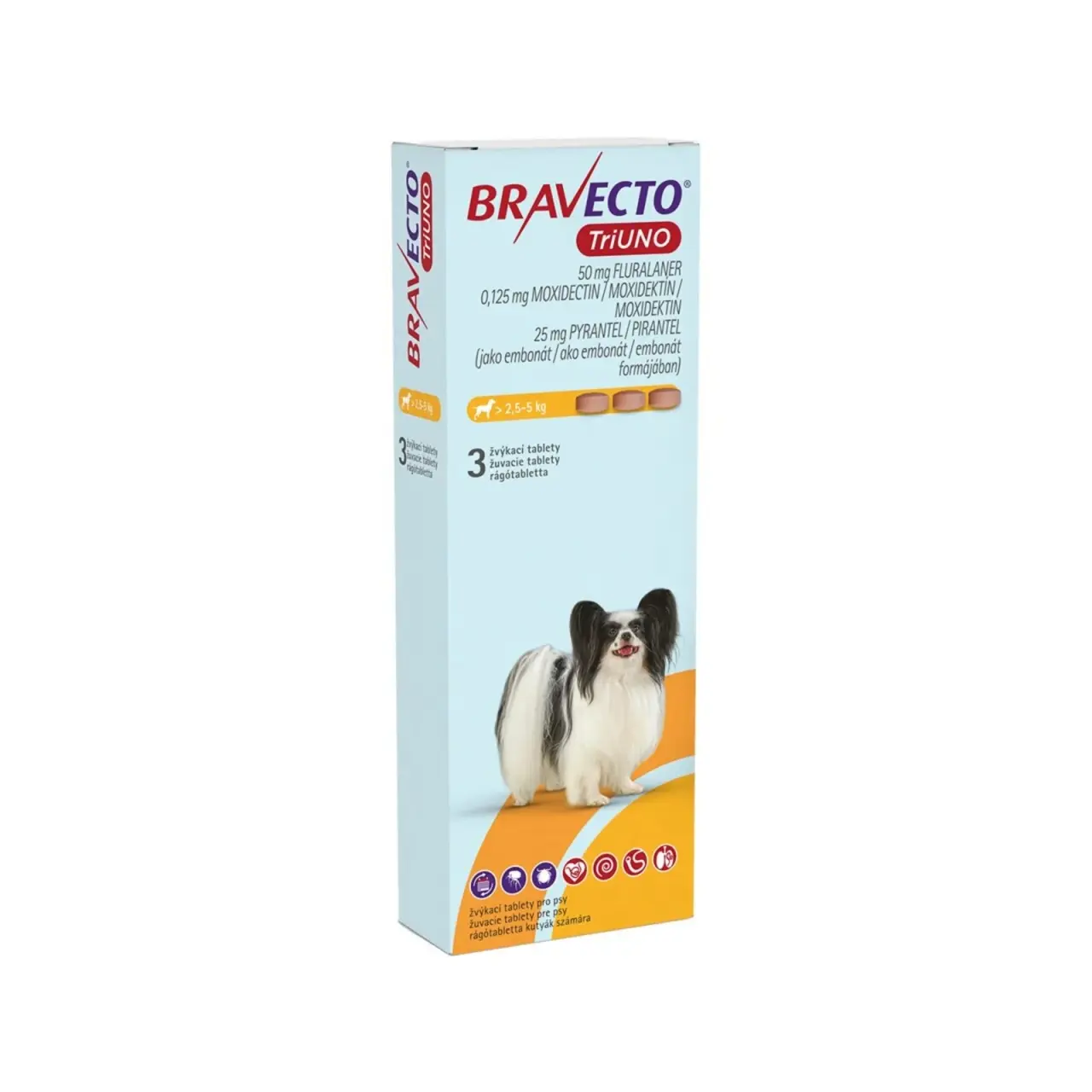 Bravecto Triuno XS, 2.5-5kg, 1 tableta (Data expirare produs: 30.07.2027)