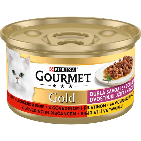 PURINA® GOURMET® GOLD Dubla Savoare, cu Vita si Pui, hrana umeda pentru pisici, 85 g