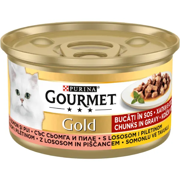 PURINA® GOURMET® GOLD, cu Somon si Pui, bucati in sos, hrana umeda pentru pisici, 85 g