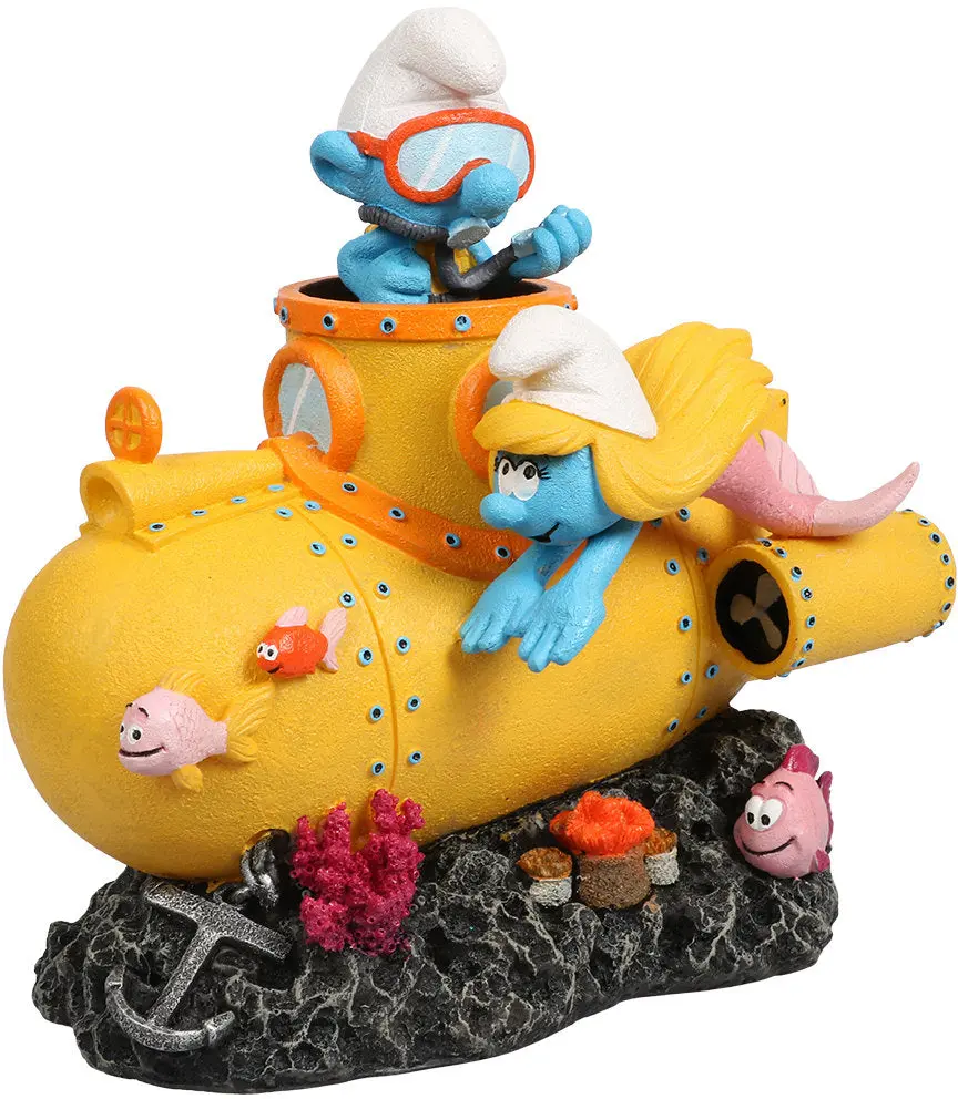 OUTLET STRUMFI Decoratiune pentru acvarii, Strumfi cu Submarin, 15,8x10,8x16cm