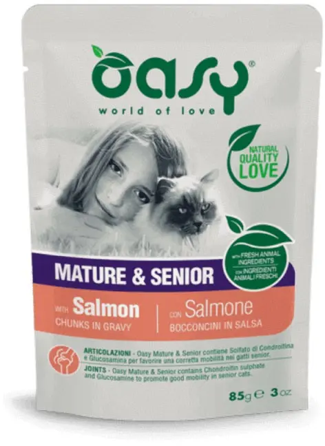 OASY Chunks in Gravy Plic pentru pisici SENIOR, cu Somon 85g