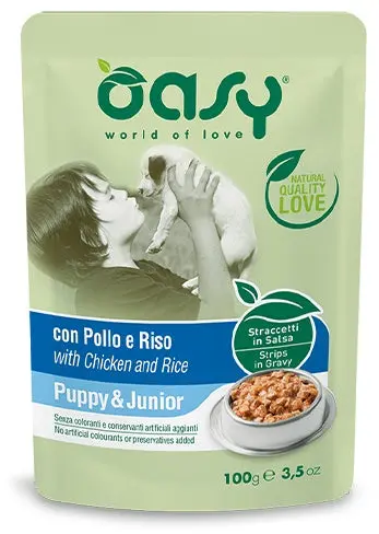 OASY PUPPY & JUNIOR Plic hrana umeda pentru catei, cu Pui si Orez 100g
