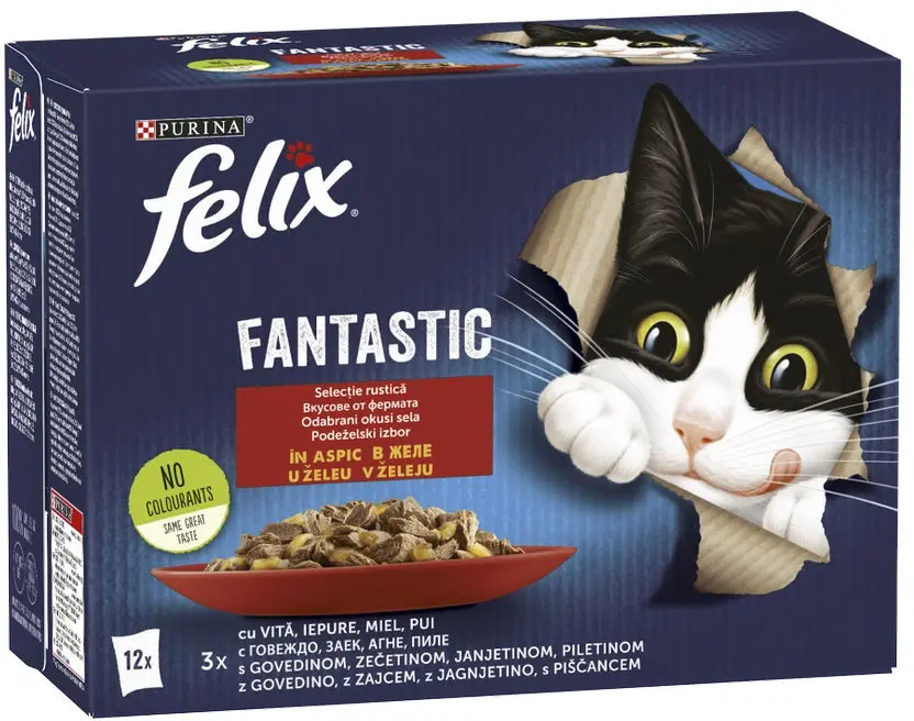 FELIX Fantastic Pachet plicuri pt pisici, cu Pui, Vita, Iepure si Miel 12x85g