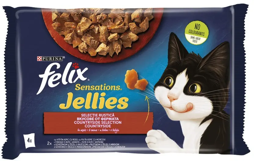 FELIX Sensations Gelees plicuri pentru pisici, vita si pui, 4x85g