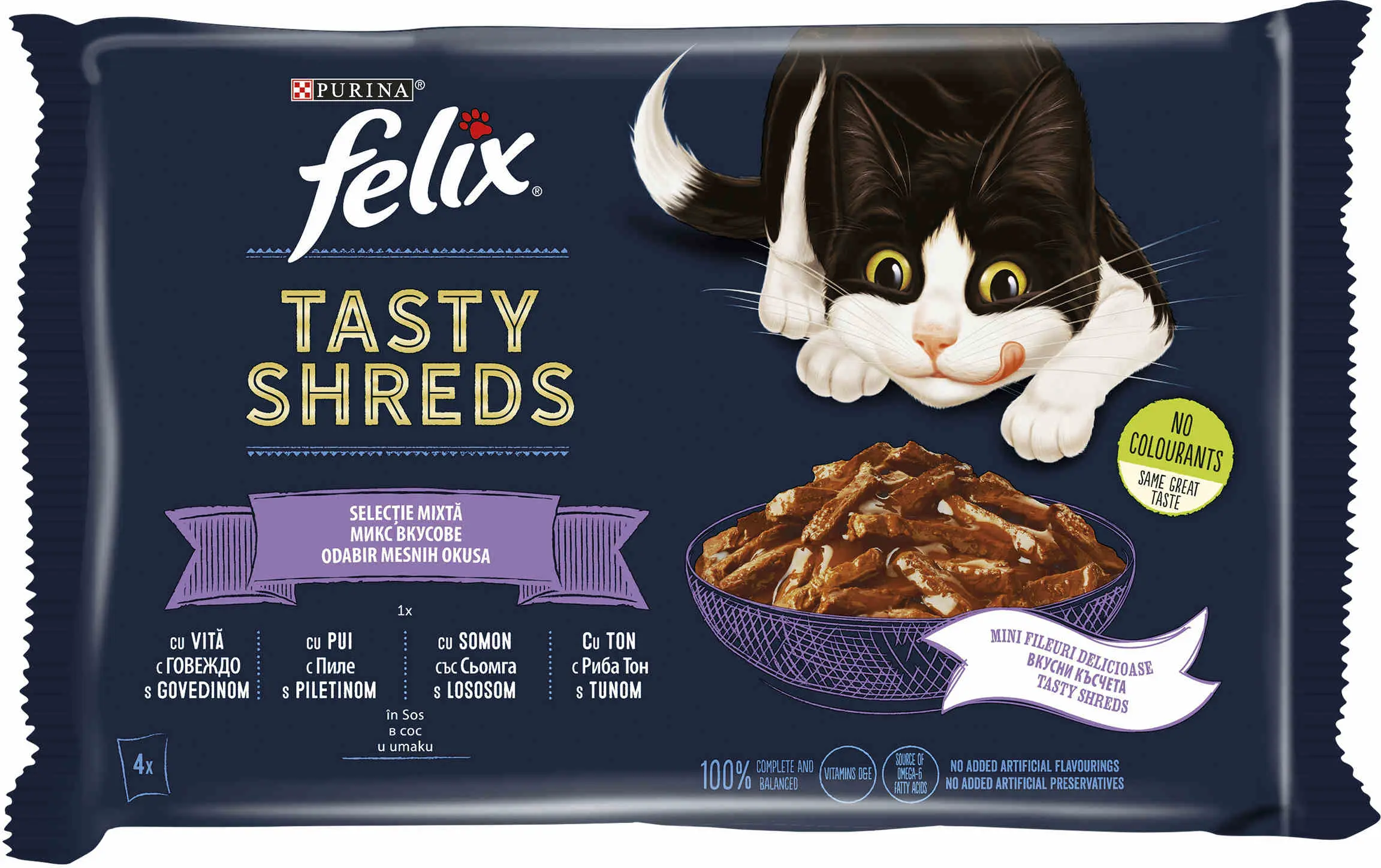 FELIX Tasty Shreds Selectie mixta cu Vita, Pui, Somon si Ton in sos 4x80g