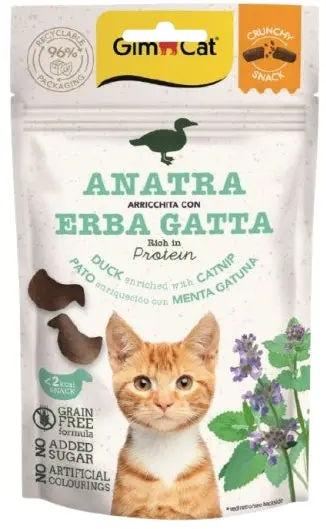 GIMCAT Crunchy SNACKS Recompense pentru pisici, cu Rata si iarba pisicii 50g