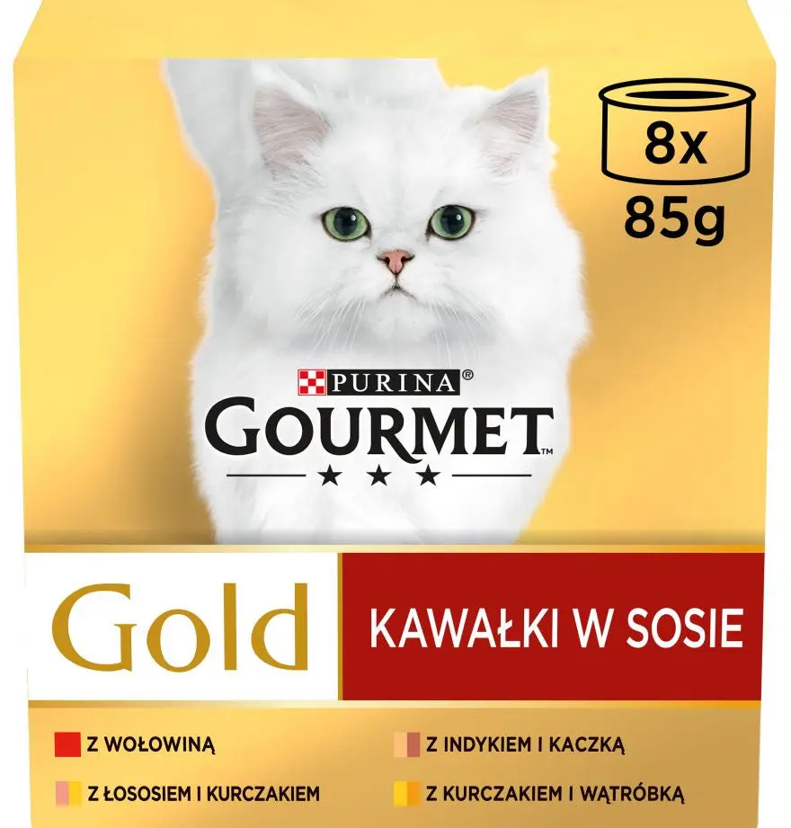 PURINA® GOURMET® GOLD, cu Vita, Somon si Pui, Curcan si Rata, Pui si Ficat, bucati in sos, hrana umeda pentru pisici, 8x85 g