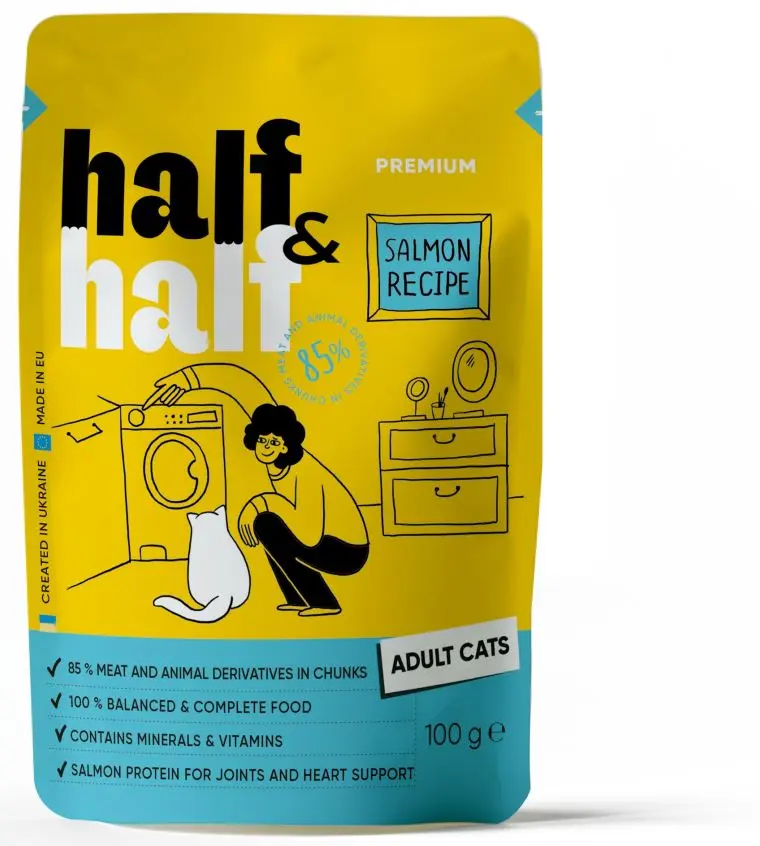 HALF&HALF plic pentru pisici adulte, bucati de Somon in jeleu 100g