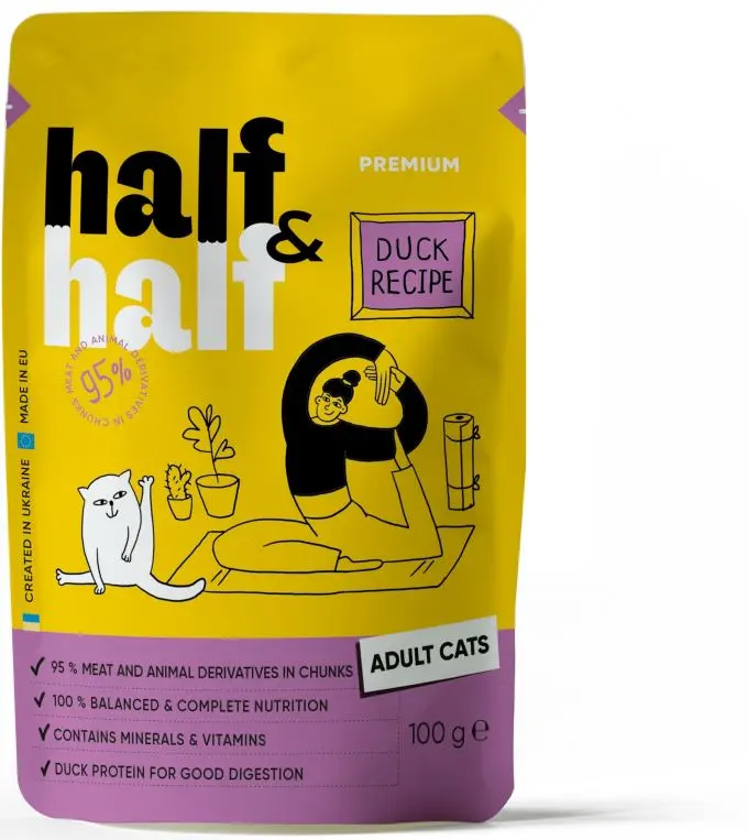 HALF&HALF plic pentru pisici adulte, bucati de Rata  in sos 100g