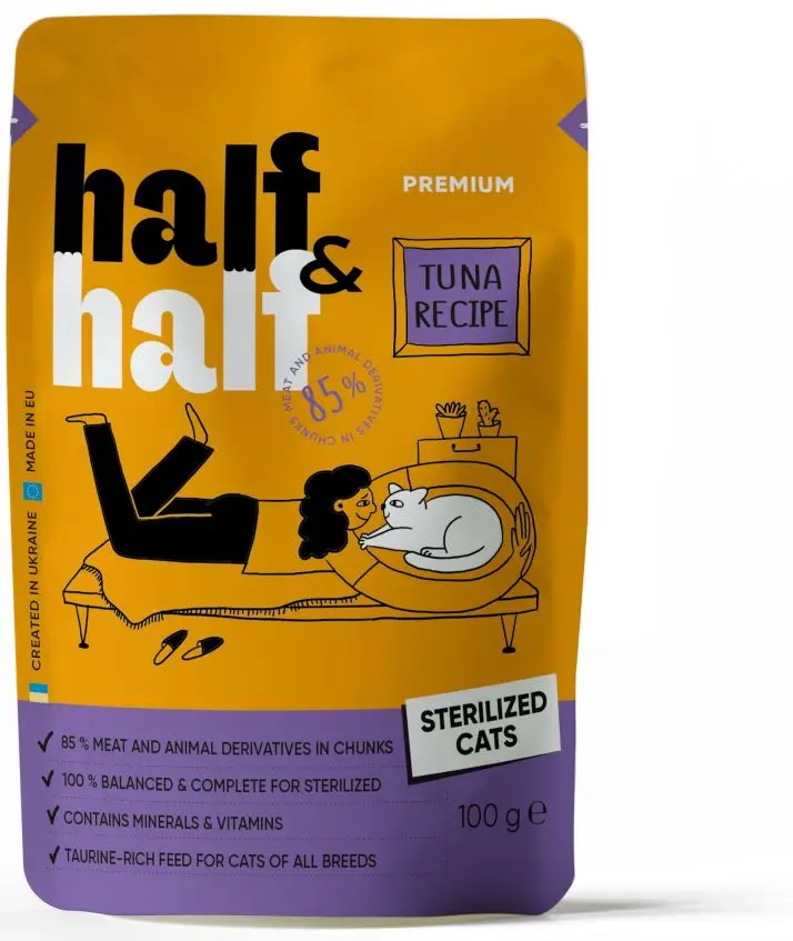 HALF&HALF plic pentru pisici sterilizate, bucati de Ton in sos 100g