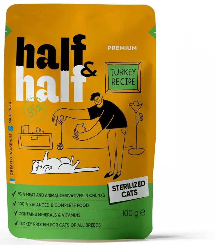 HALF&HALF plic pentru pisici sterilizate, bucati de Curcan in jeleu 100g