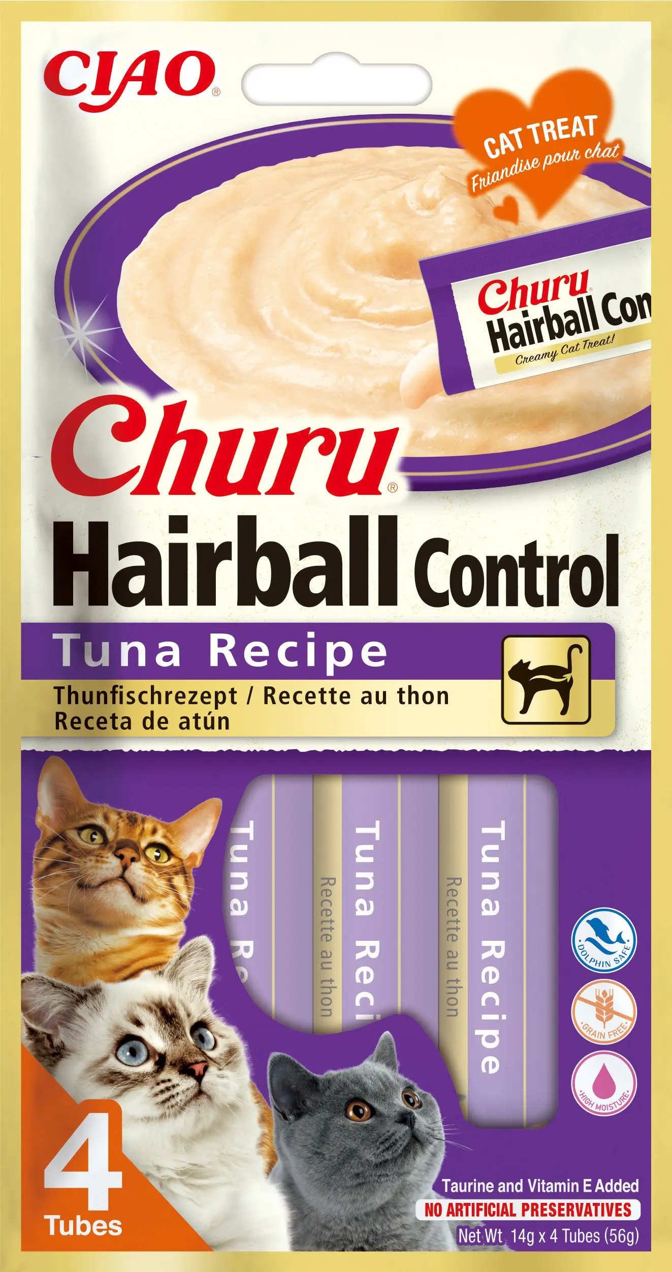 INABA CHURU Hairball Recompensa pt. pisici, Piure cu Ton, Pachet 4 plicuri x 14g