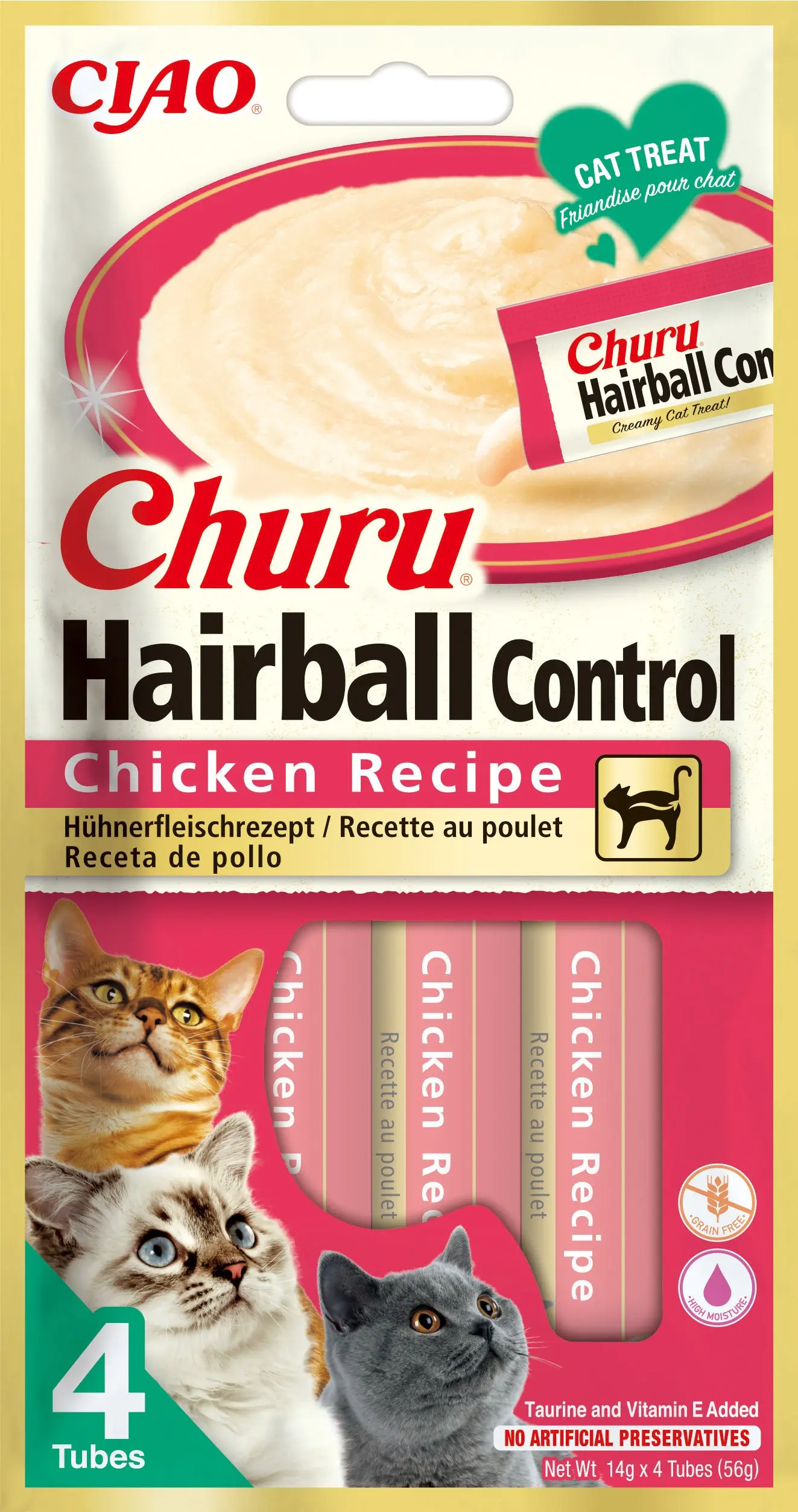 INABA CHURU Hairball Recompensa pt.pisici, Piure cu Pui, Pachet 4 plicuri x 14g