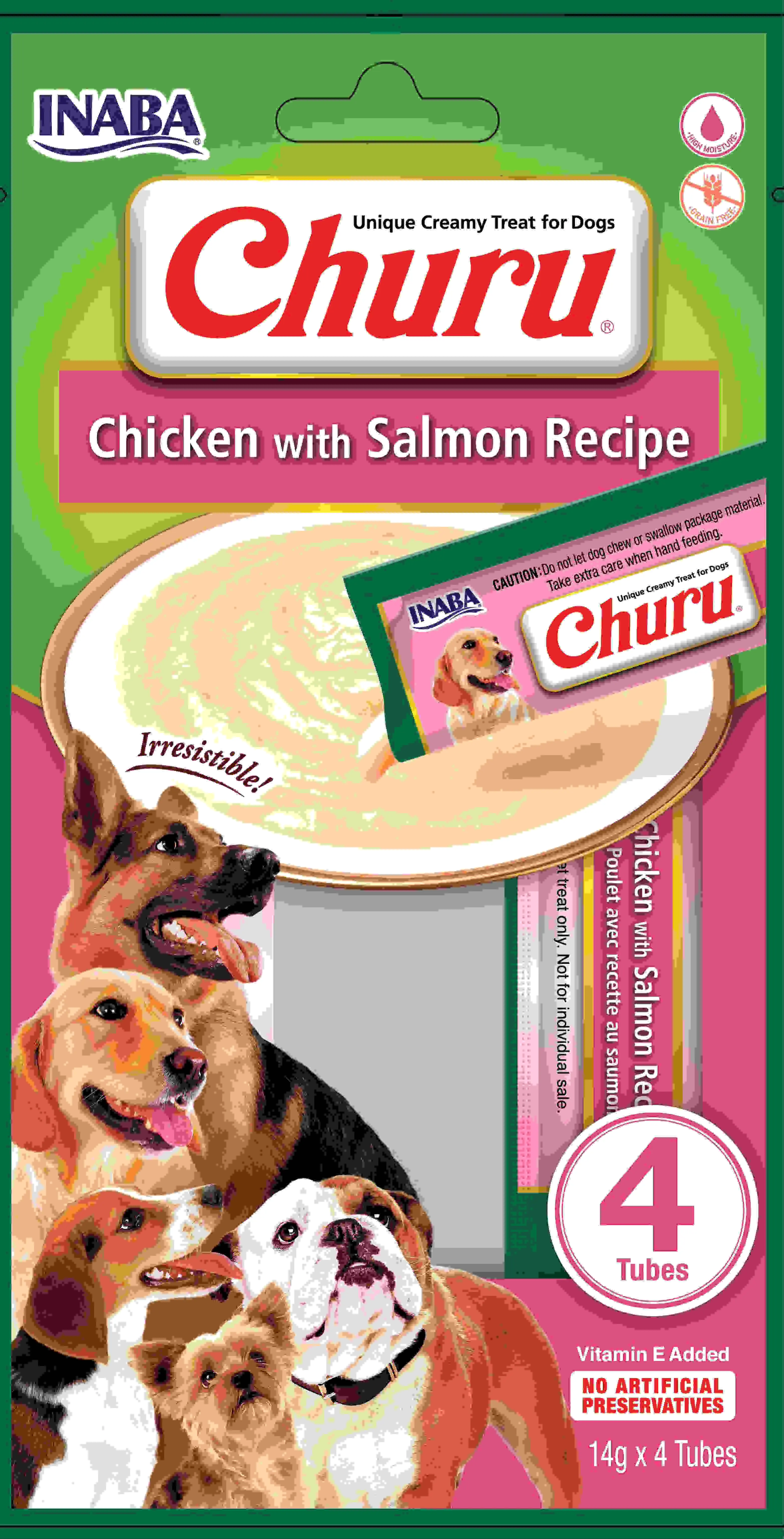 INABA CHURU Recompensa pt. caini, Piure Pui si Somon, Pachet cu 4 plicuri x 14g