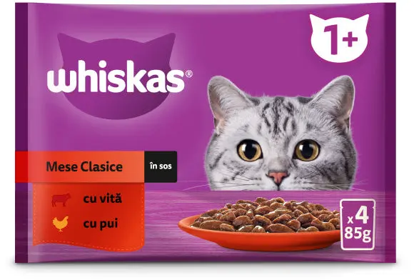 WHISKAS Classic Mix plicuri pisici Adulte, cu Vita/Pui in sos 4x85g