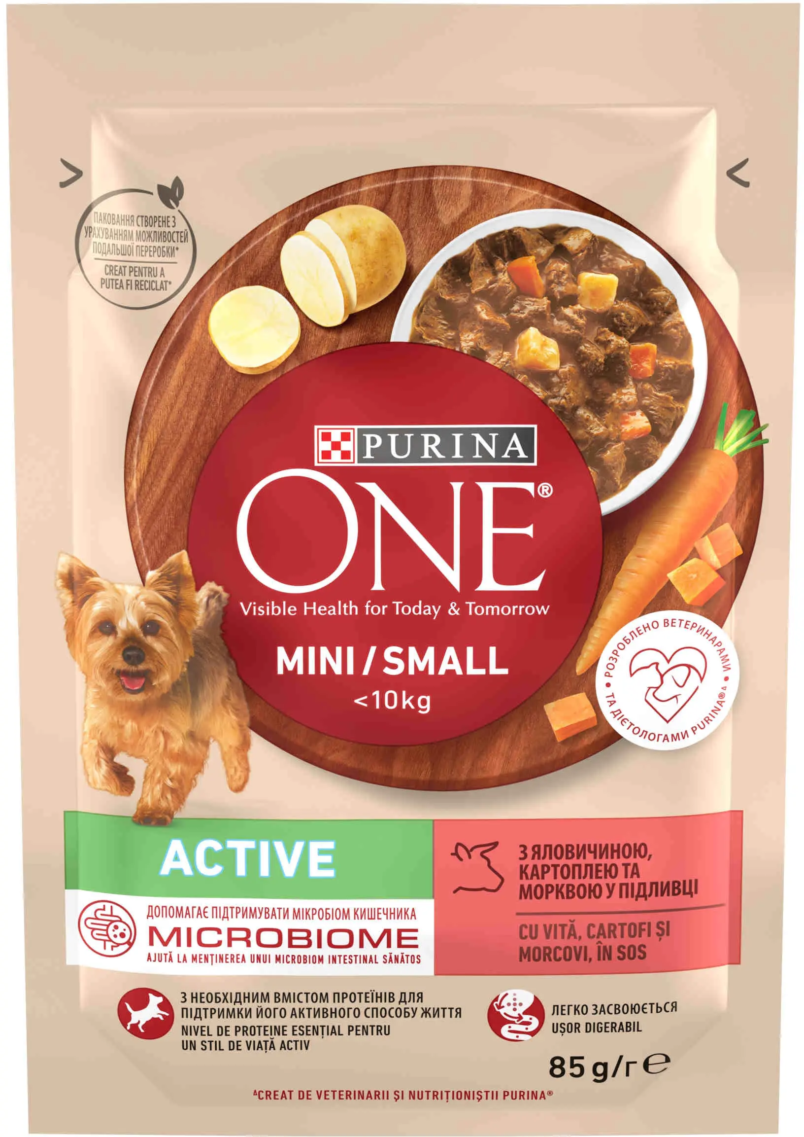 PURINA ONE Mini Active Hrana umeda pentru caini, Vita si Cartofi, 85 g