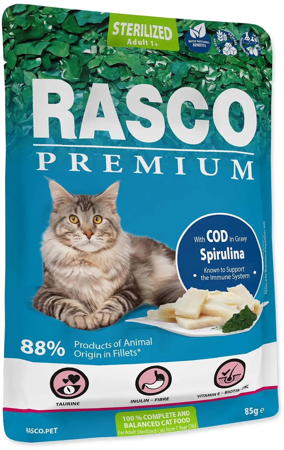 RASCO Premium Sterilized Plic pentru pisici adulte, Cod si Spirulina 85g