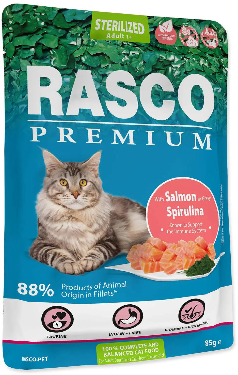RASCO Premium Sterilized Plic pentru pisici adulte, cu Somon si Spirulina 85g