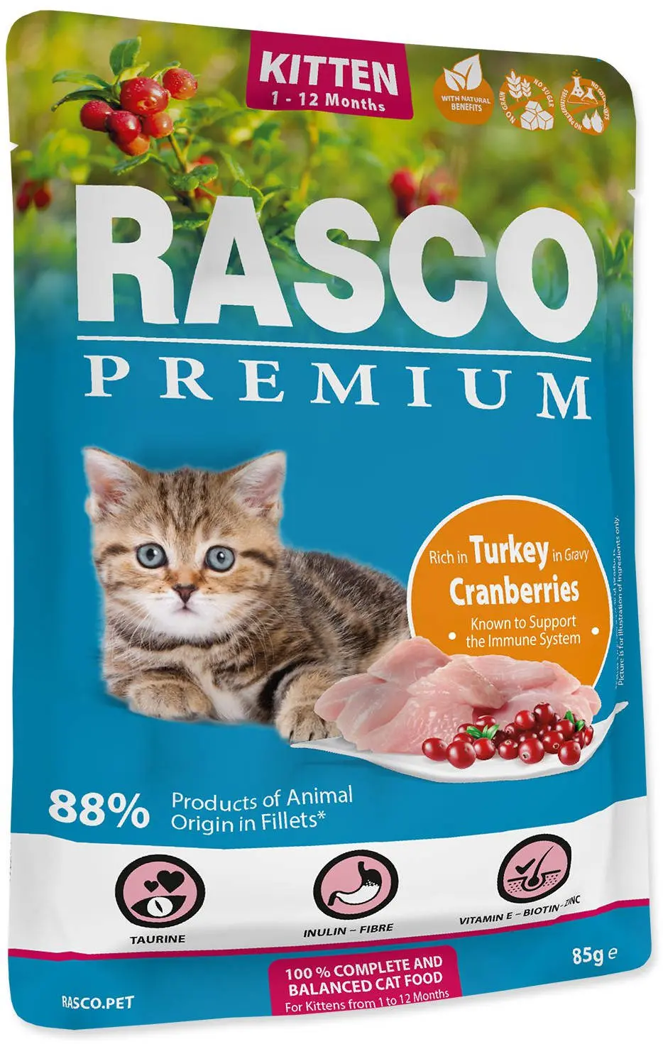 RASCO Premium Plic pentru KITTEN, Curcan si Merisoare 85g