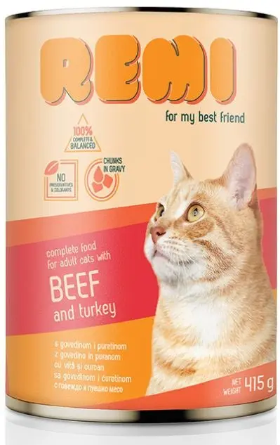REMI Conserva pentru pisici adulte, cu Vita si Curcan 415g
