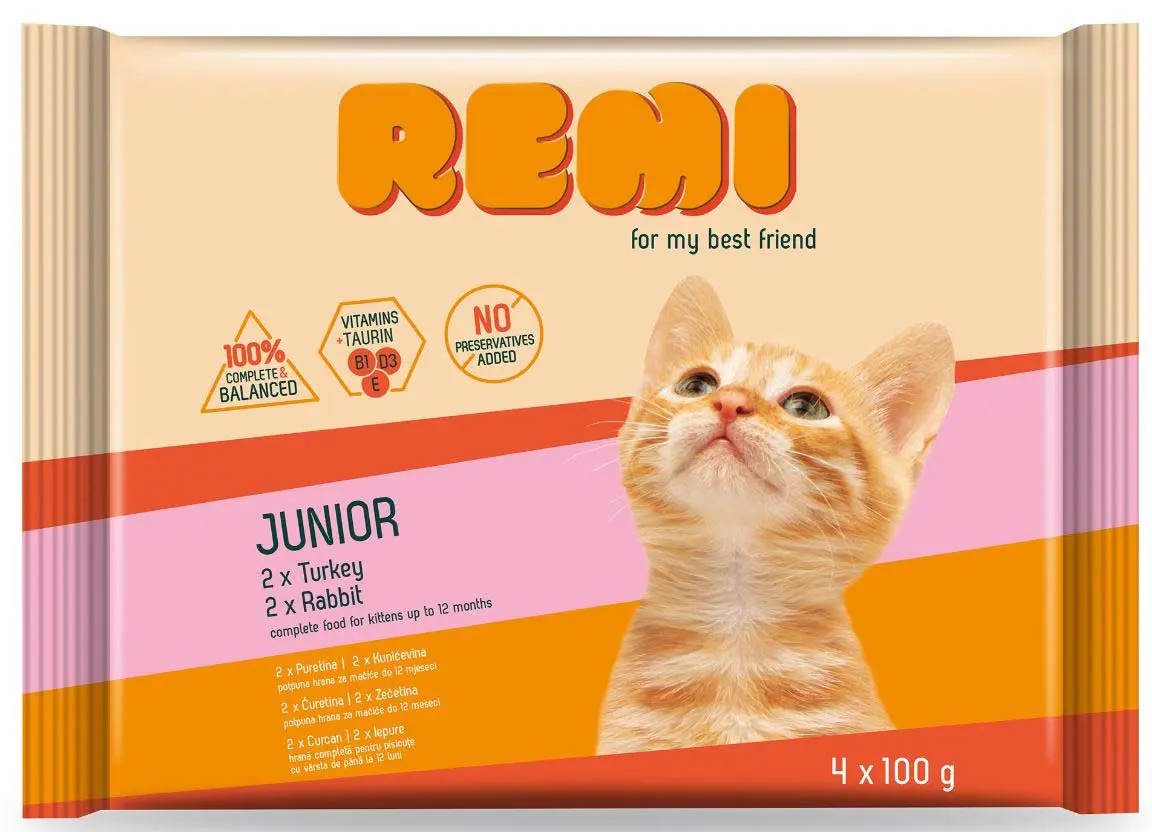 REMI KITTEN Pachet plicuri pentru pisicute, Curcan si Iepure 4x100g