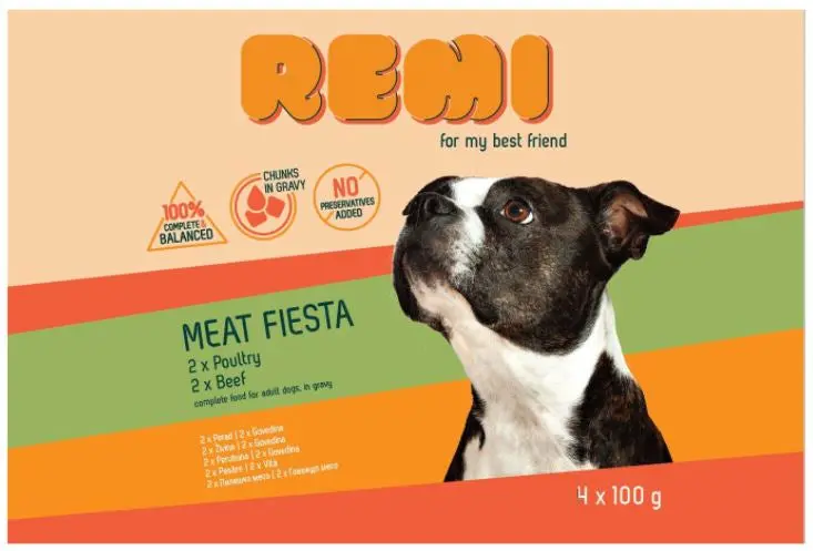 REMI MEAT FIESTA Hr umeda pentru caini adulti, 2xPasare, 2xVita 4x100g