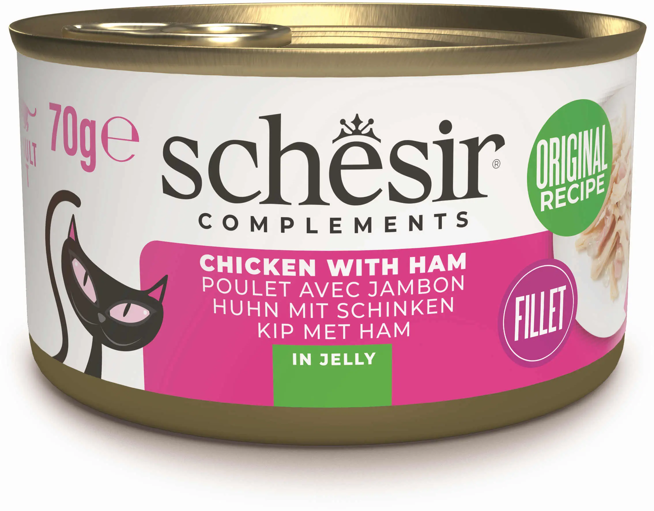 SCHESIR Conserva pentru pisici, cu Pui si Sunca, in jeleu 70g