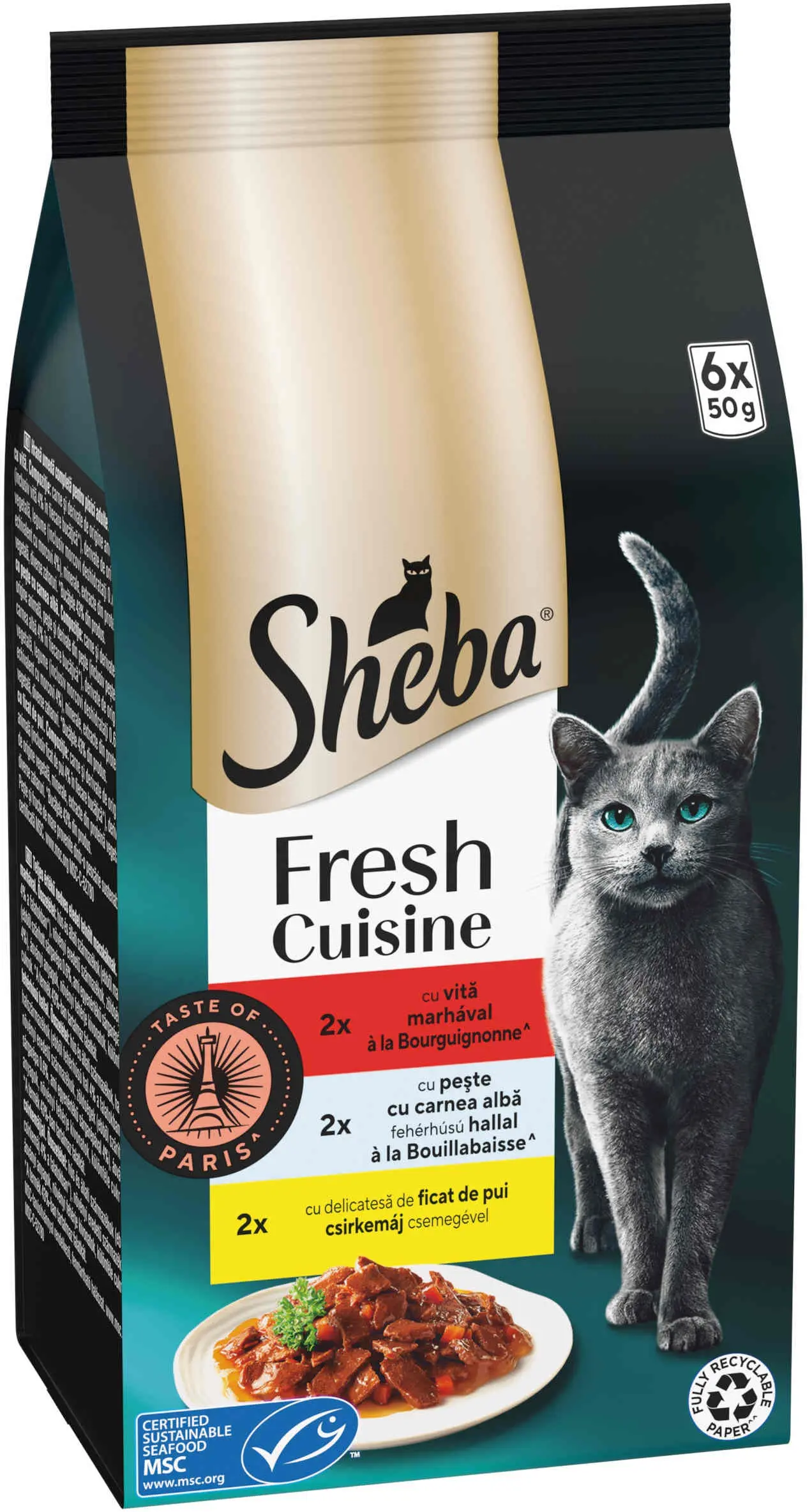 SHEBA Fresh&Fine plicuri Mini selectii Vita, Peste si Ficat de Pui 6x50g