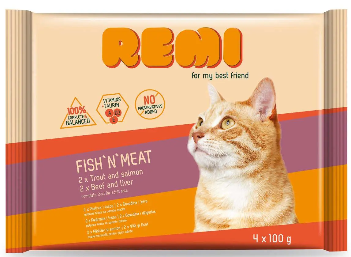 REMI Pachet plicuri pentru pisici adulte, cu Vita/Ficat, Pastrav/Somon 4x100g
