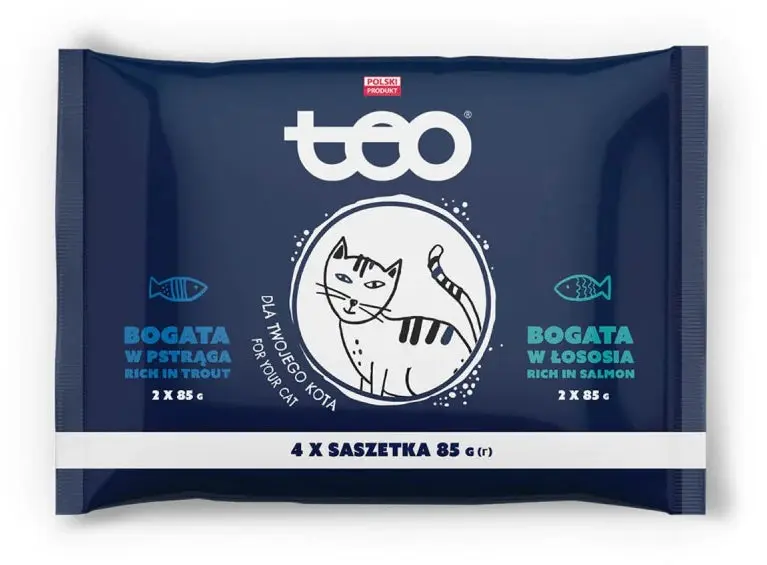 TEO Pachet plicuri pentru pisici Adulte, cu Pastrav si Somon 4x85g