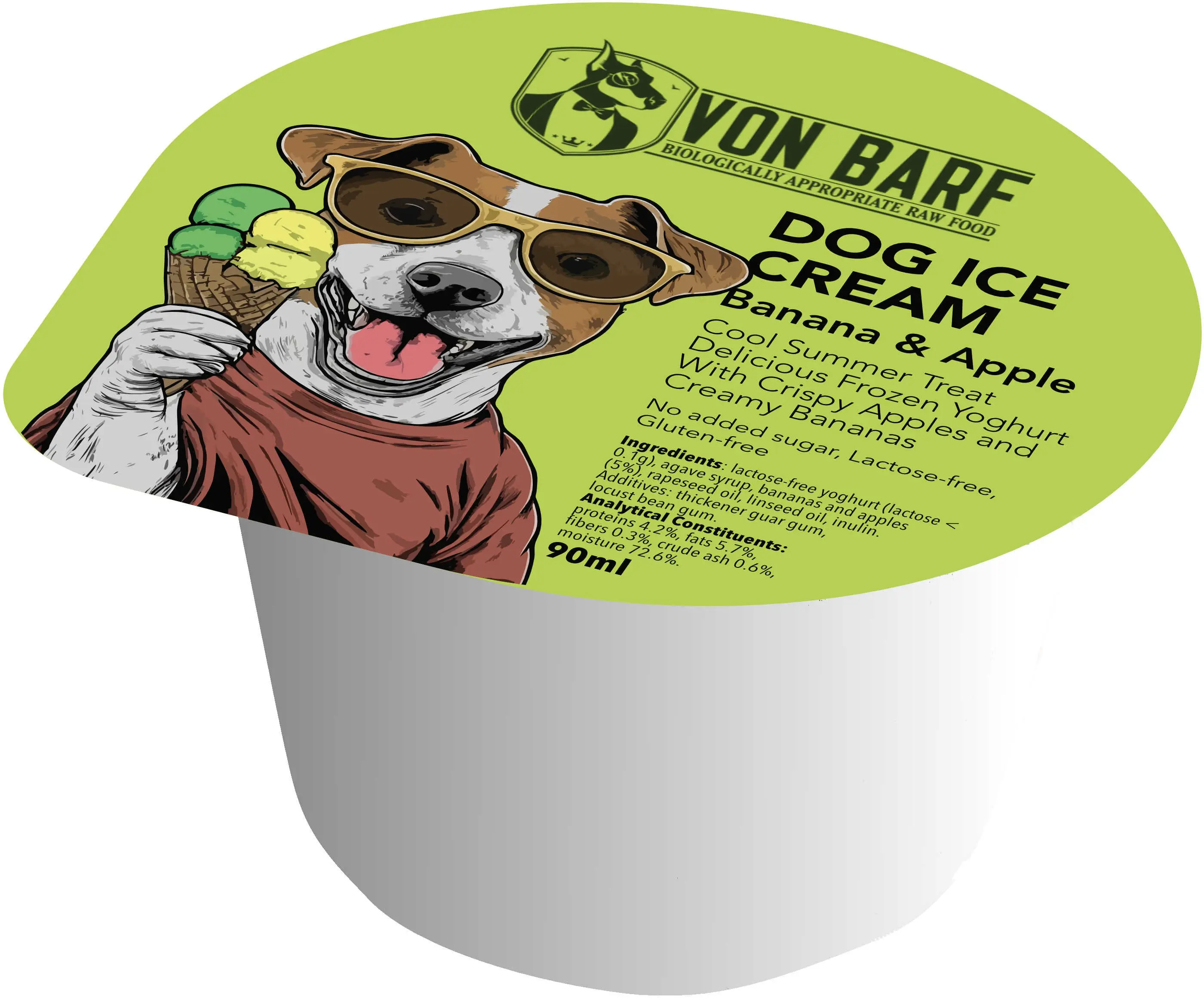 VON BARF Inghetata pentru caini, cu Banane si Mere, 90ml