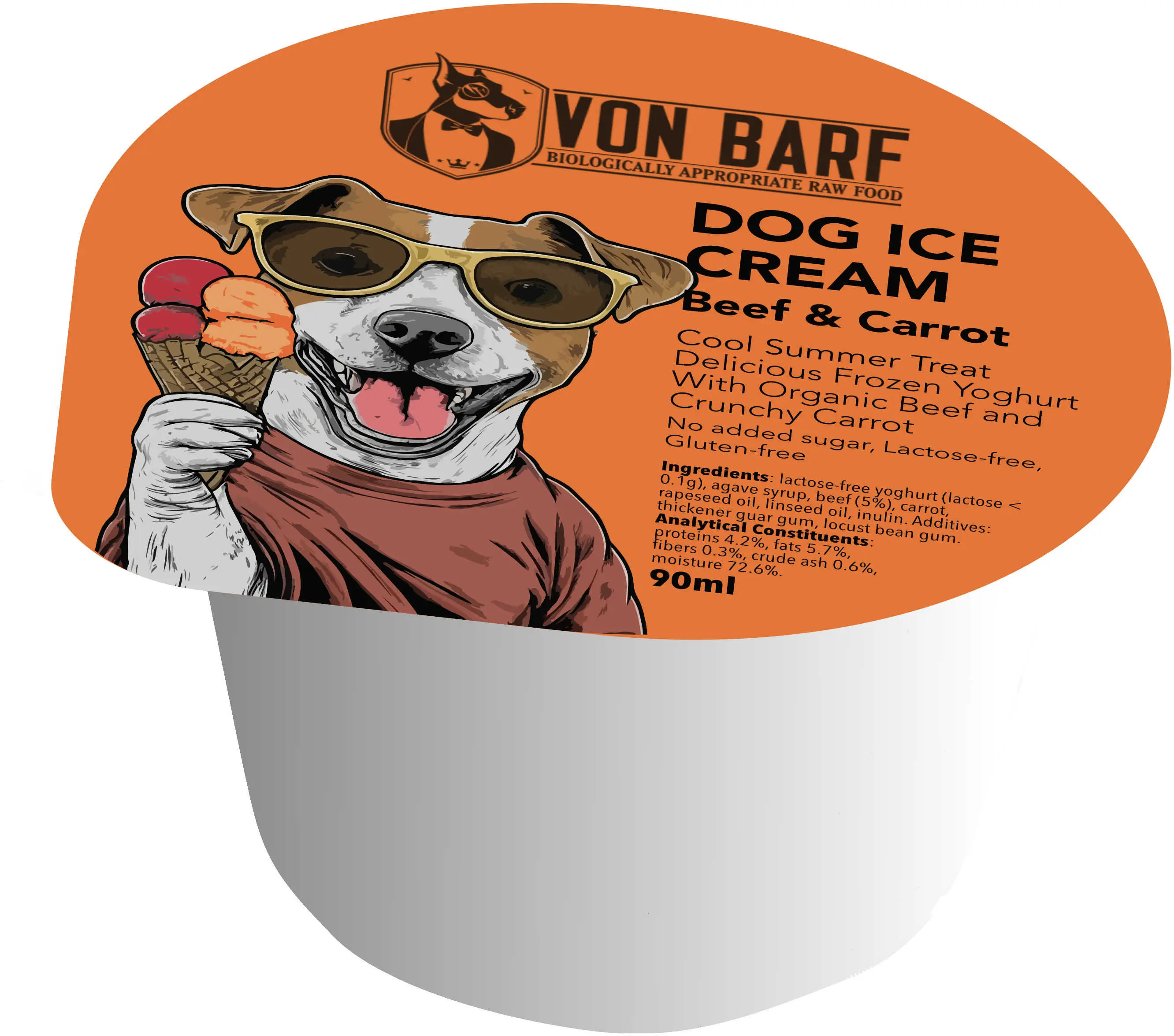 VON BARF Inghetata pentru caini, cu Vita si Morcov 90ml