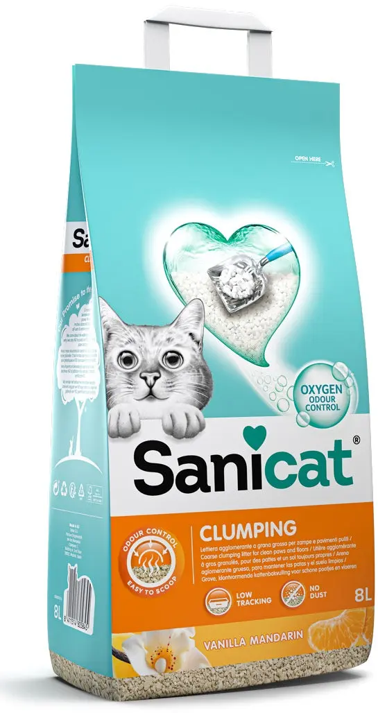 SANICAT Clumping Nisip pentru pisici, cu aroma de Vanilie si Mandarina, 8L/7kg