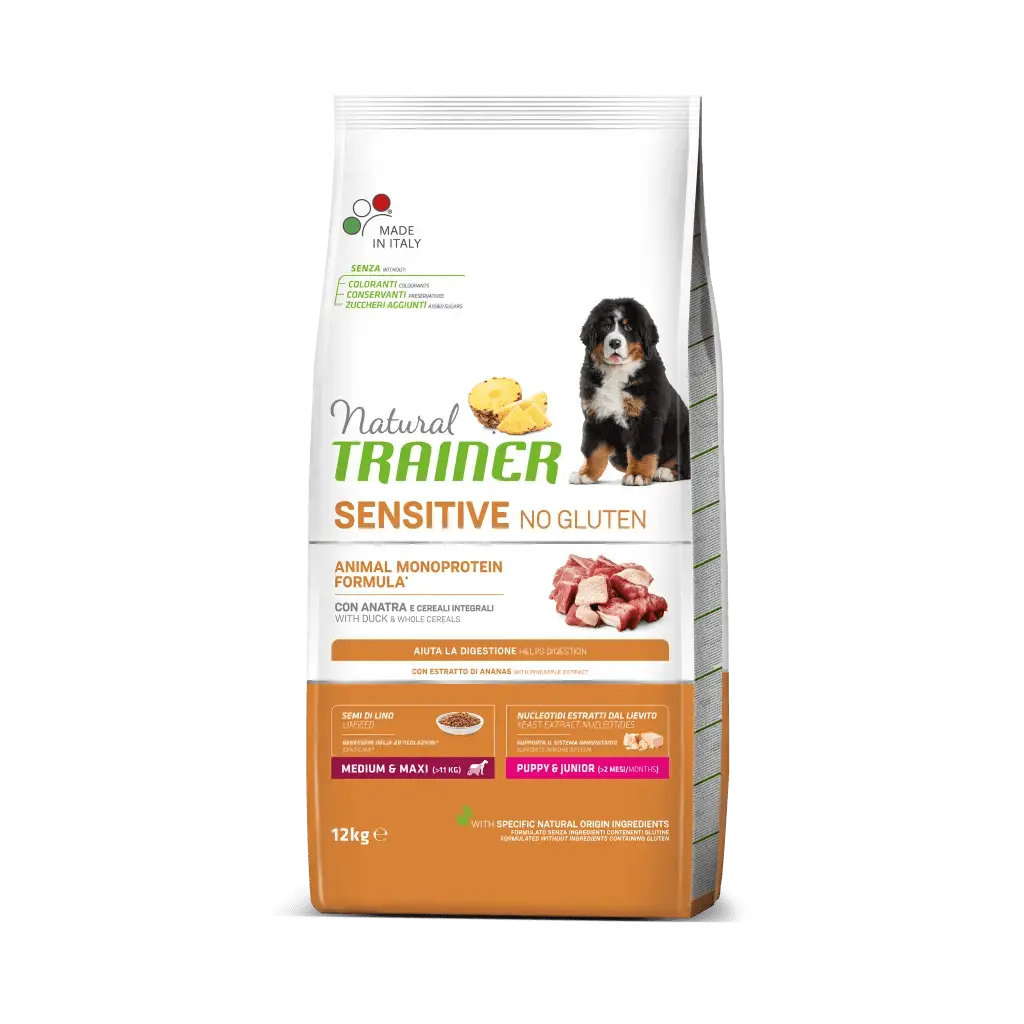 Hrana Uscata Catei, Natural Trainer, Sensitive No Gluten Medium-Maxi Puppy & Junior, Rata, 12 kg