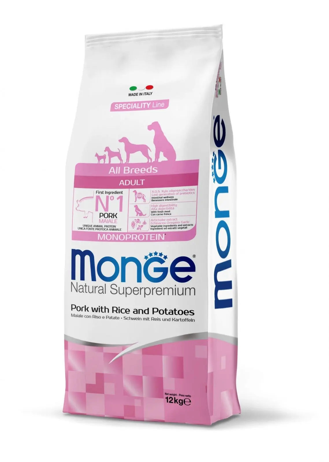 Hrana uscata caini, Monge Natural Superpremium Monoprotein Adult All Breeds, Porc & Orez, 12 kg