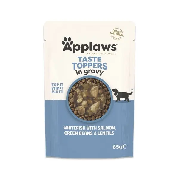 Hrana umeda caini, Applaws Dog Taste Toppers, Peste Alb si Somon, in sos, 85 g